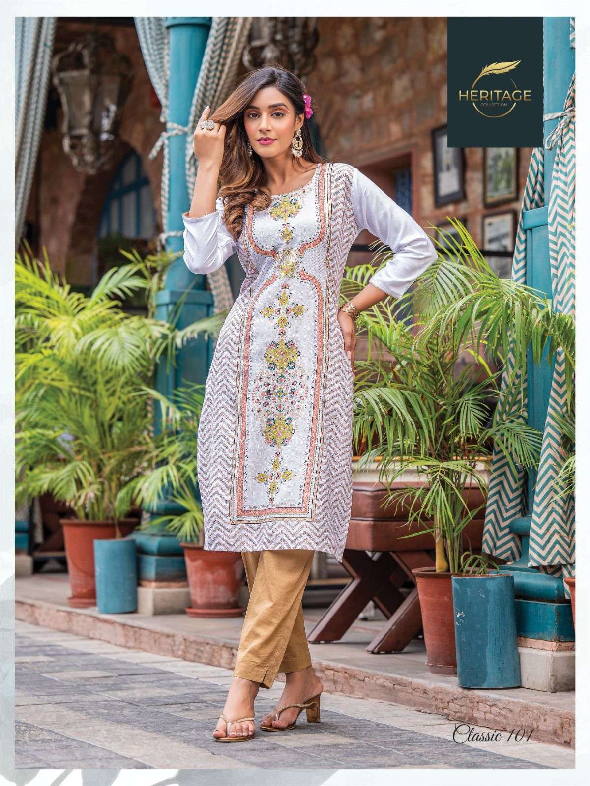 CLASSIC BY RAYON SLUB PRINT WITH HANDWORK DESIGNER KURTI BY HERITAGE COLLECTION BRAND 101